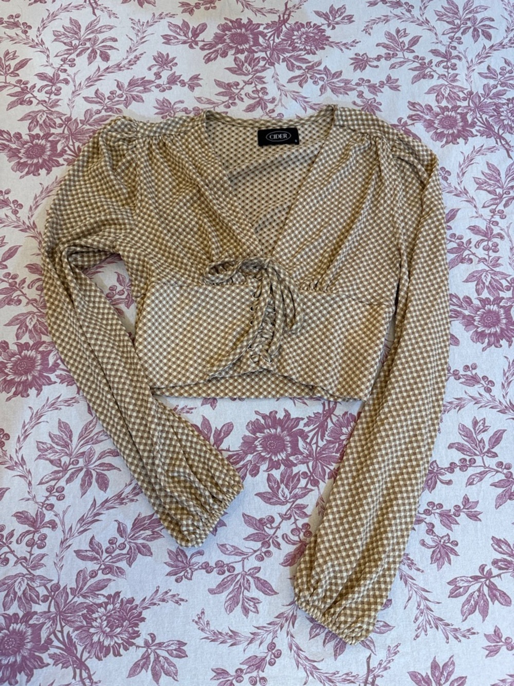 NWOT Cider Beige small Gingham Tie-Front Long Sleeve Crop Top